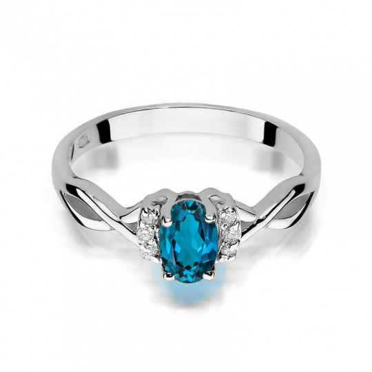 Pierścionek 585 Topaz London Blue Diamenty Grawer