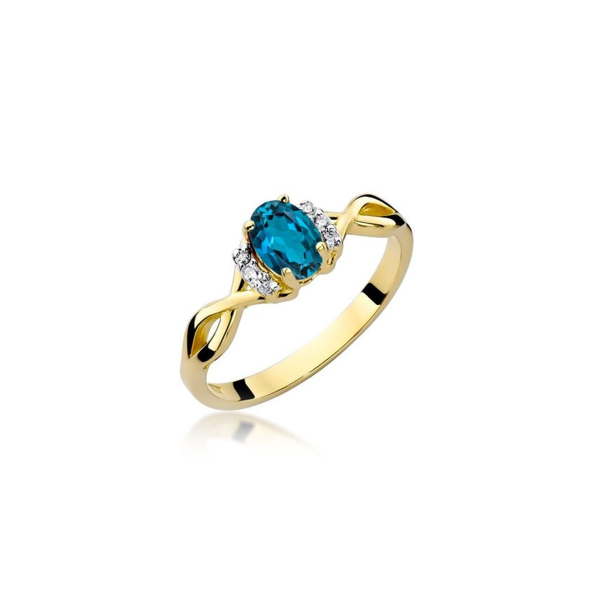 Złoty 14K Pierścionek Topaz London Blue Diamenty