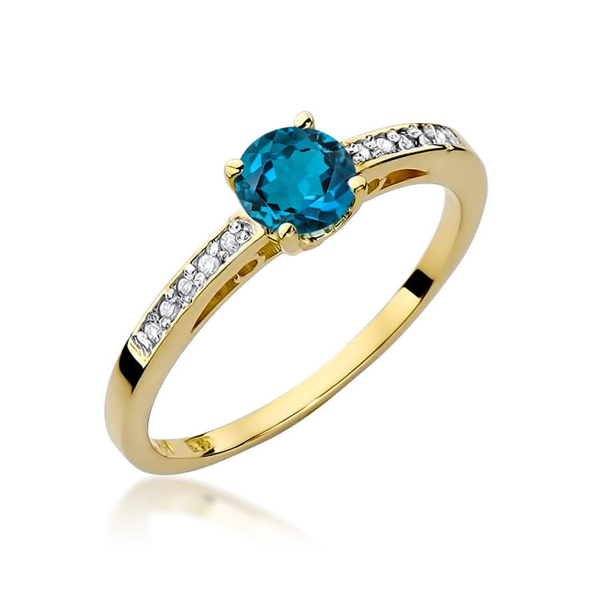 Złoty 14K Pierścionek Topaz London Blue Brylanty