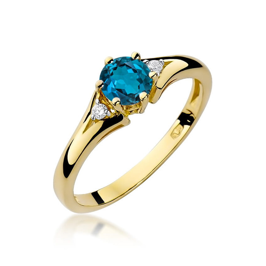 Złoty 14K Pierścionek Topaz London Blue Brylanty