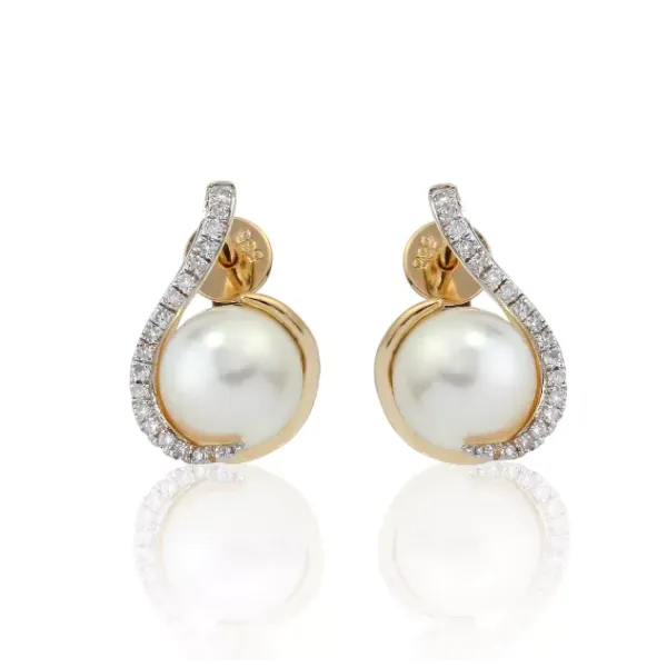 ZŁOTE ELEGANCKIE KOLCZYKI PERŁY DIAMENTY PRÓBA 585