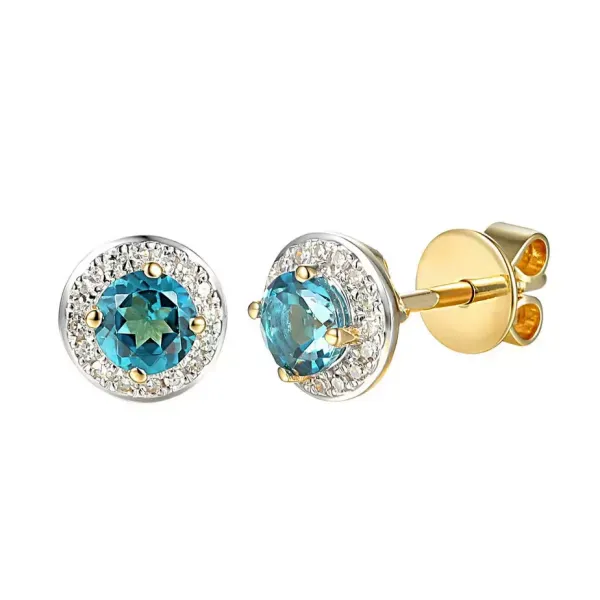 ZŁOTE KOLCZYKI 585 TOPAZ NIEBIESKI DIAMENTY SZTYFT