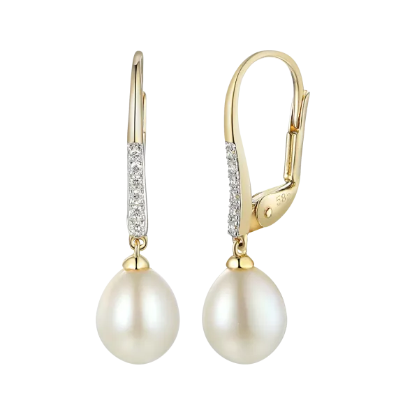 ZŁOTE 14K 585 KOLCZYKI PERŁY z DIAMENTAMI