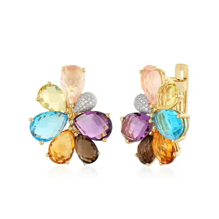 Złote 14K Kolczyki Ametyst Topaz Cytryn Brylanty Złote 14K Kolczyki Ametyst Topaz Cytryn Brylanty