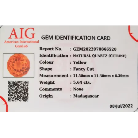 Cytryn Naturalny 5,64ct + Certyfikat
