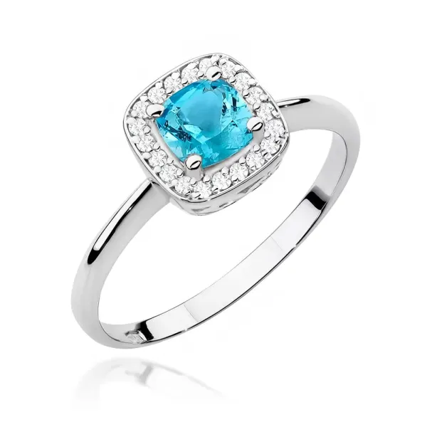 Pierścionek 14K Topaz Diamenty Grawer Białe Złoto