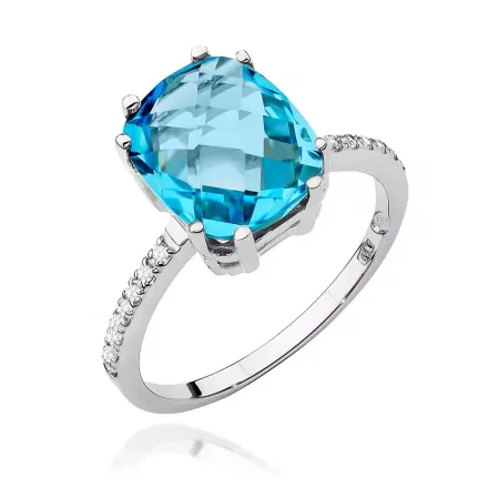 Pierścionek 585 Topaz Diamenty Grawer Białe Złoto