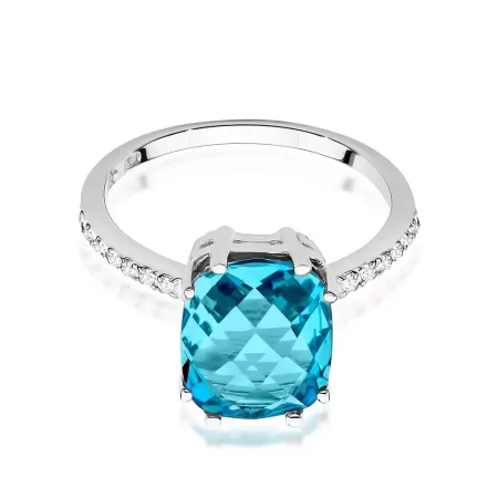 Pierścionek 585 Topaz Diamenty Grawer Białe Złoto