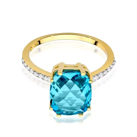 Pierścionek 585 Topaz Diamenty Grawer Białe Złoto