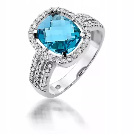 Złoty 585 Pierścionek Topaz 3,00ct Brylanty Grawer Złoty 585 Pierścionek Topaz 3,00ct Brylanty Grawer