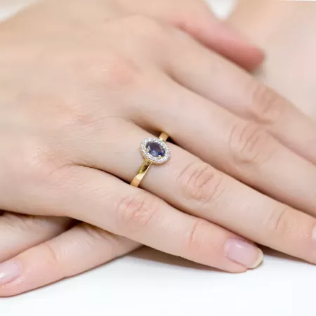 Pierścionek 585 Białe Złoto Szafir Diament Grawer 