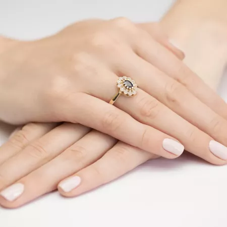 Złoty 14K Pierścionek Szafir Diamenty na Prezent