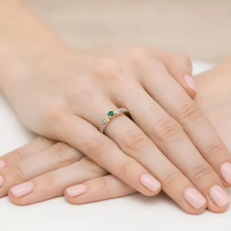 Zaręczynowy 14K Pierścionek Szmaragd Brylanty Zaręczynowy 14K Pierścionek Szmaragd Brylanty