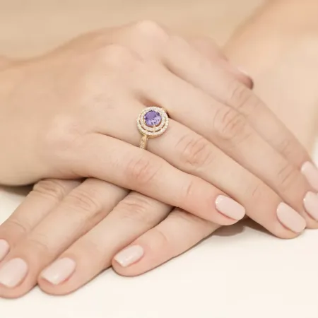 Złoty 585 Pierścionek Ametyst 0,90ct Brylanty Złoty 585 Pierścionek Ametyst 0,90ct Brylanty
