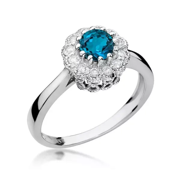 Pierścionek Topaz London Blue Brylant Białe Złoto