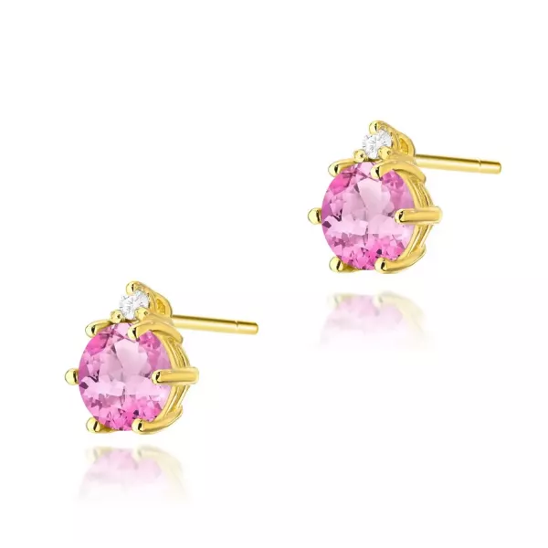 Złote 585 Kolczyki Różowy Topaz i Diamenty Sztyft