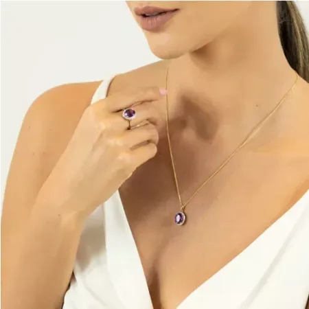 Złota Zawieszka Ametyst Diamenty na Prezent pr 585 Złota Zawieszka Ametyst Diamenty na Prezent pr 585