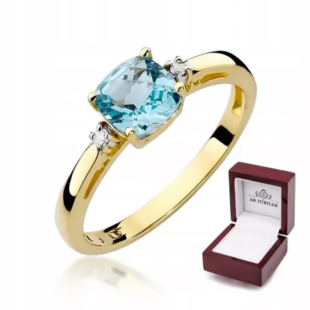 Złoty 585 Pierścionek Zaręczynowy Topaz Diamenty Złoty 585 Pierścionek Zaręczynowy Topaz Diamenty