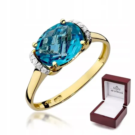 Złoty 585 Pierścionek Topaz Diament Grawer Prezent Złoty 585 Pierścionek Topaz Diament Grawer Prezent