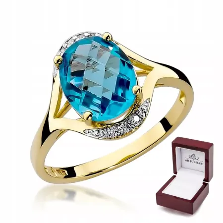 Złoty 585 Pierścionek Topaz Diamenty na Prezent