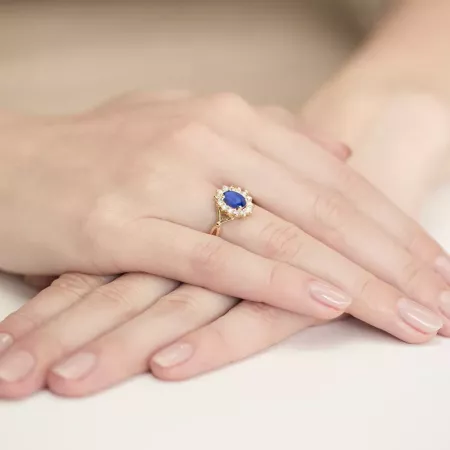Złoty 585 Pierścionek Szafir 0,90ct Diament Grawer Złoty 585 Pierścionek Szafir 0,90ct Diament Grawer