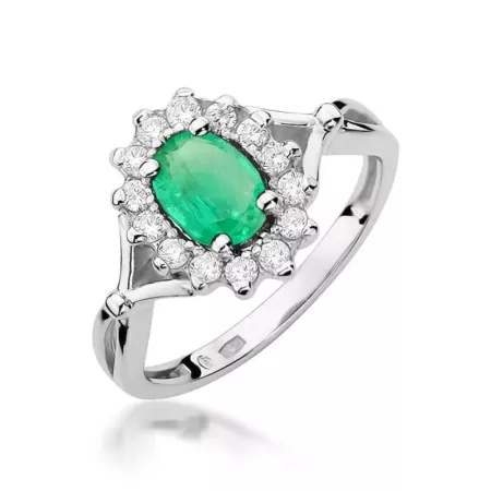 Złoty 585 Pierścionek Szmaragd 0.80ct Diamenty 