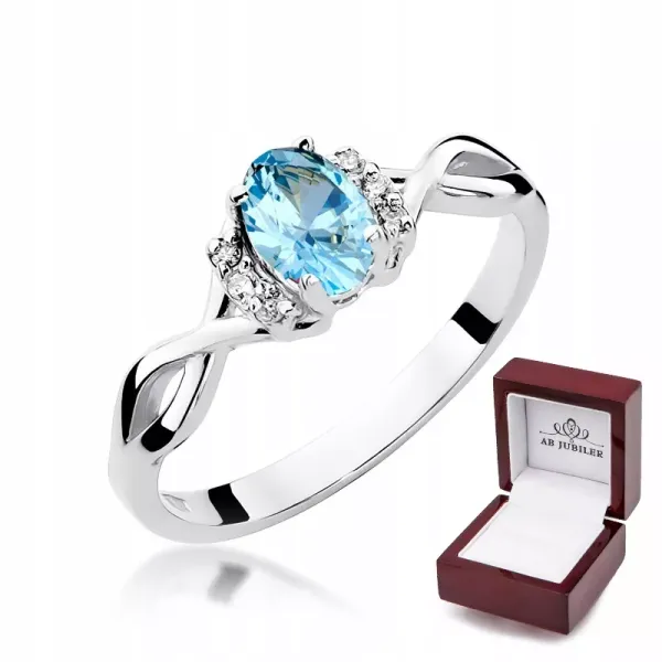 Pierścionek 14K Białe Złoto Topaz Diamenty Grawer