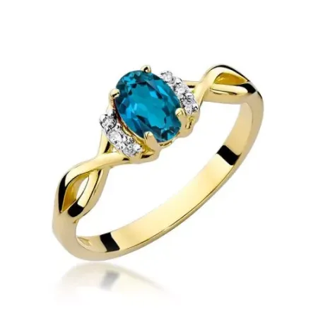 Pierścionek 585 Topaz London Blue Diamenty Grawer