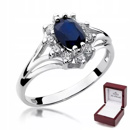 Pierścionek 14K Białe Złoto Szafir Diamenty Grawer Pierścionek 14K Białe Złoto Szafir Diamenty Grawer
