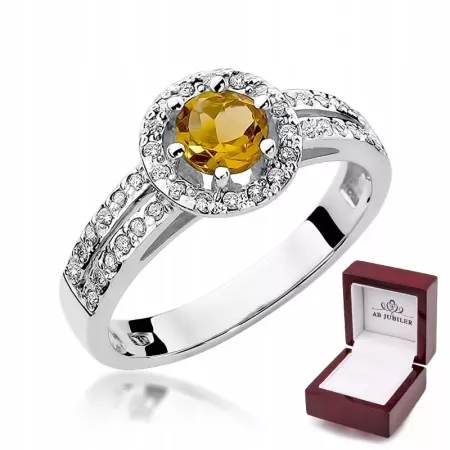Elegancki Pierścionek Białe Złoto Cytryn Diamenty Elegancki Pierścionek Białe Złoto Cytryn Diamenty
