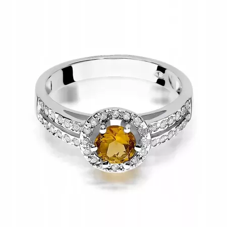Elegancki Pierścionek Białe Złoto Cytryn Diamenty Elegancki Pierścionek Białe Złoto Cytryn Diamenty