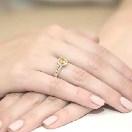 Elegancki Pierścionek Białe Złoto Cytryn Diamenty Elegancki Pierścionek Białe Złoto Cytryn Diamenty
