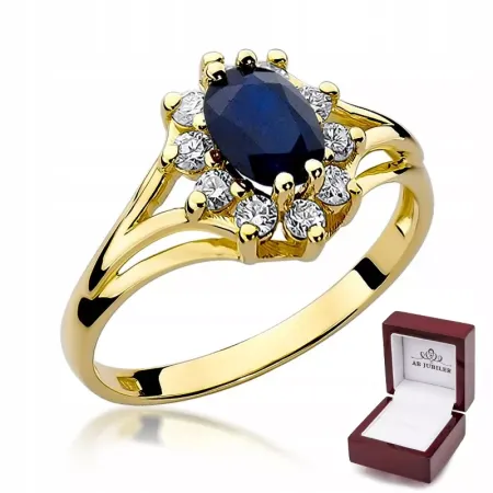 Złoty 585 Elegancki Pierścionek Szafir i Diamenty Złoty 585 Elegancki Pierścionek Szafir i Diamenty