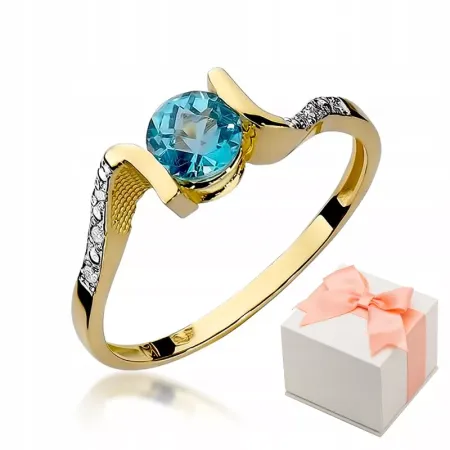 Złoty 585 Pierścionek Zaręczynowy Topaz Diamenty