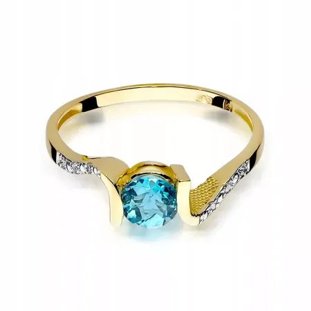 Złoty 585 Pierścionek Zaręczynowy Topaz Diamenty