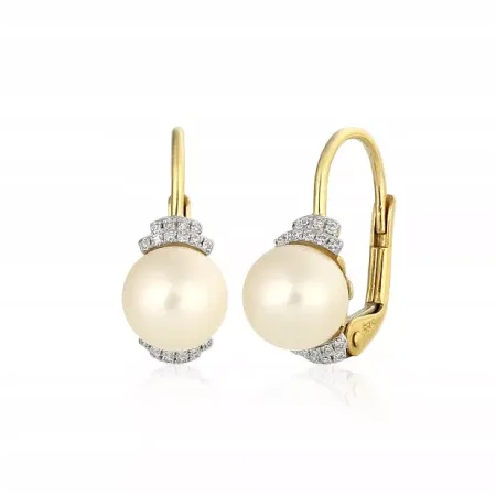 ZŁOTE ELEGANCKIE KOLCZYKI PERŁY DIAMENTY PRÓBA 585