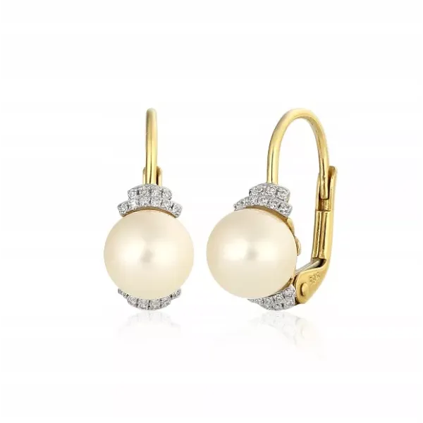 ZŁOTE ELEGANCKIE KOLCZYKI PERŁY DIAMENTY PRÓBA 585