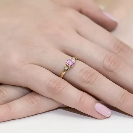 Złoty 585 Pierścionek Różowy Topaz Diamenty Grawer Złoty 585 Pierścionek Różowy Topaz Diamenty Grawer