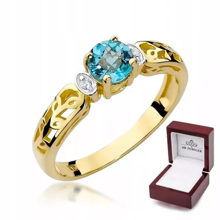 Złoty 585 Pierścionek Topaz Diament na Prezent