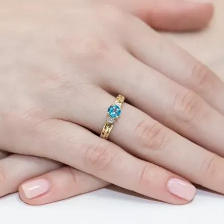 Złoty 585 Pierścionek Topaz Diament na Prezent