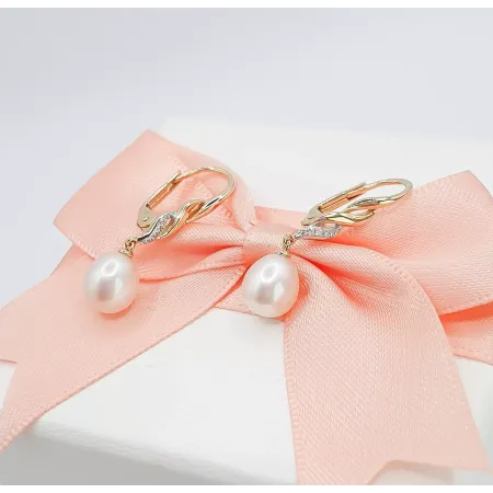 ZŁOTE ELEGANCKIE 585 KOLCZYKI PERŁY DIAMENTY