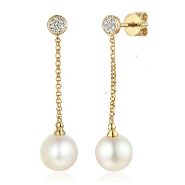 ZŁOTE 14K 585 KOLCZYKI PERŁY DIAMENTY WISZĄCE