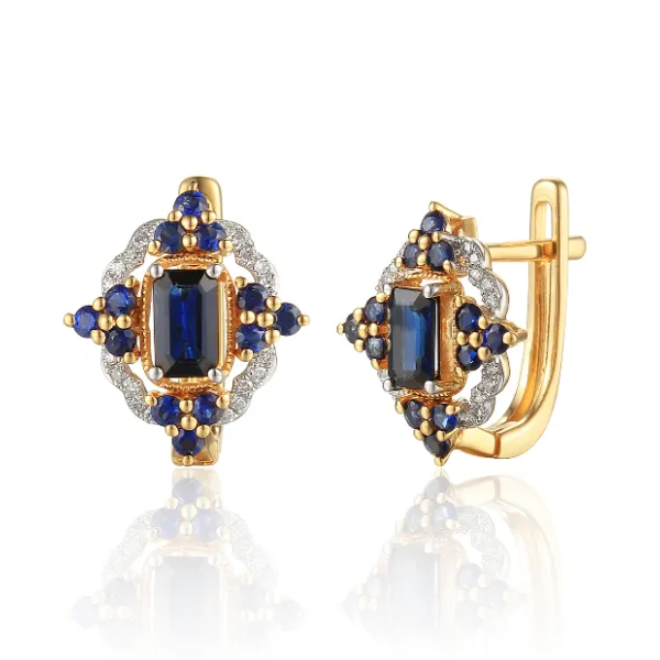 Złoty 585 Kolczyki Szafiry Diamenty Angielskie