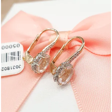 Złote 585 Kolczyki Kwarc Różowy Diamenty Patentka