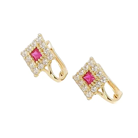 ZŁOTE KOLCZYKI 585 KWADRAT CZERWONA CYRKONIA 