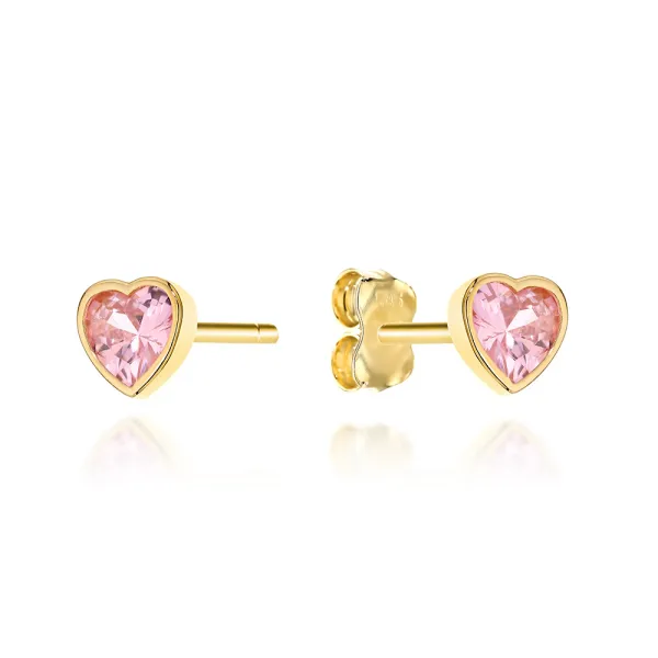 Złote Kolczyki 585 Serduszka z Różową Cyrkonią