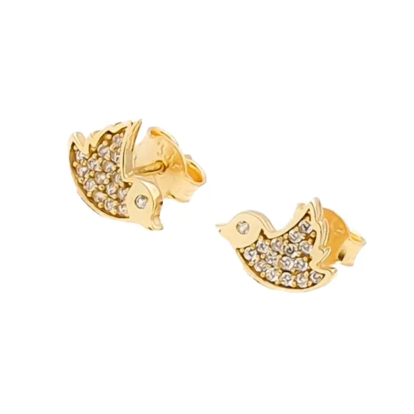 ZŁOTE KOLCZYKI PTASZKI Z CYRKONIAMI 