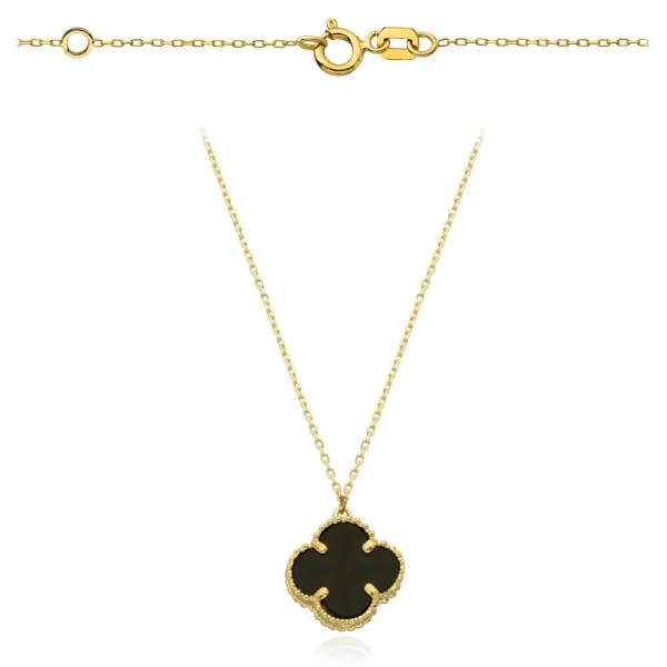 Złoty 585 Naszyjnik Koniczynka Duża z Onyksem 
