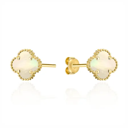 Złote Kolczyki 585 Duże Koniczynki z Masą Perłową