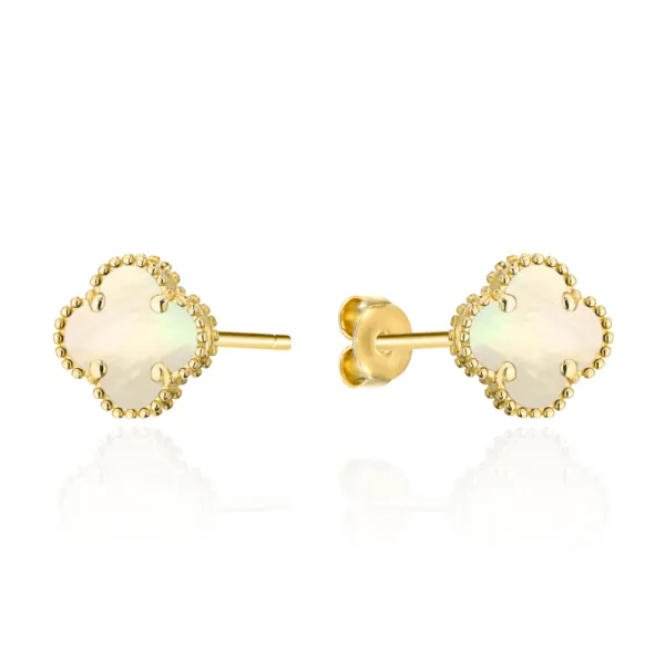 Złote Kolczyki 585 Duże Koniczynki z Masą Perłową